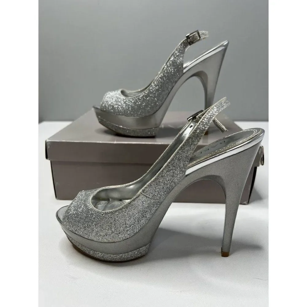 BAKERS Platform Silver‎ Glitter Slingback Shoes Flash 7